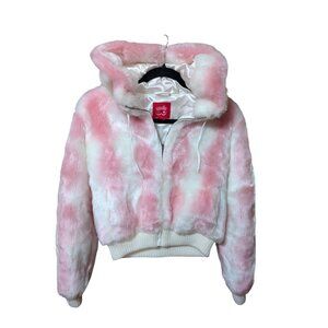 Crop Pink & White Faux Fur Hooded Jacket Collection By Bernardo Y2K Size Small